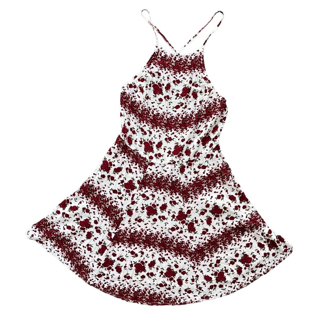 Brandy‎ Melville Women's One Size White & Red Floral Criss Cross Back Mini Dress